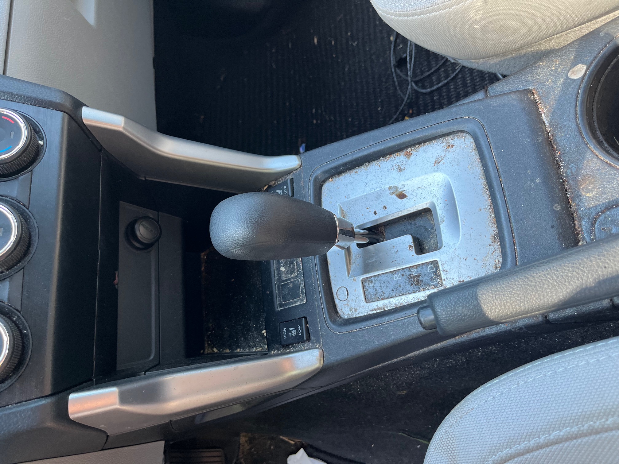 Center console before cleaning